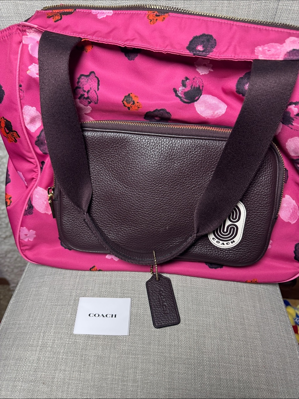 Coach Pink Floral Tote with Brown Front Pocket and Matching Logo Tumbler - Picture 9 of 10